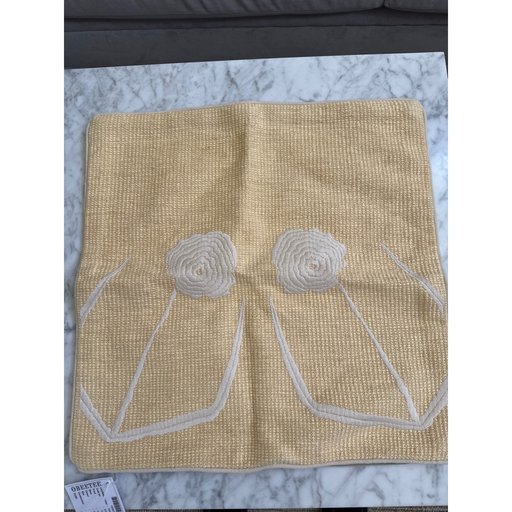 Obeetee Chamomile Yellow Embroidered Cotton Linen Throw Pillow Cover 20x20 1372